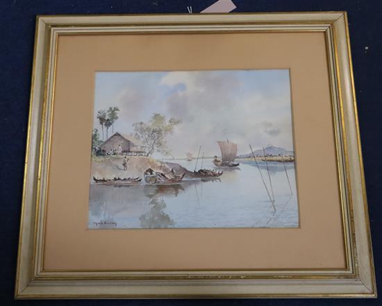 U Ngwe Gaing (Burmese 1901-1967) Riverside village 12 x 15in.